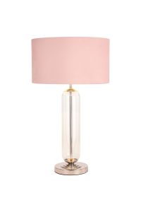 Campo Tubular Table Lamp, 1 Light E27, Polished Nickel/Clear Glass/Blush Pink/Prosecco 40cm Velvet Shade