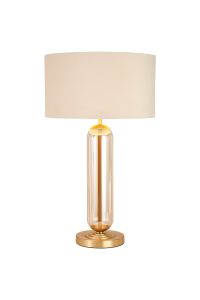 Campo Tubular Table Lamp, 1 Light E27, Satin Gold/Cognac Glass/Ivory/Champagne 40cm Velvet Shade
