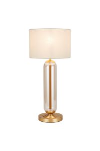 Zara Tubular Table Lamp, 1 Light E27, Satin Gold/Cognac Glass/Pearl Oyster 30cm Linen