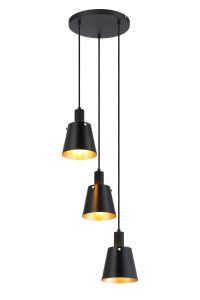 Tera 41cm Round Pendant With 16cm x 14cm Shade, 3 Light E27, Sand Black/Black/Gold Metal Shade