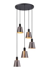 Tera 53cm Round Pendant With 16cm x 14cm Shade, 5 Light E27, Sand Black/Brown/Copper Metal Shade