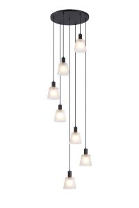 Tera 58cm Round Pendant With 16cm x 14cm Shade, 7 Light E27, Sand Black/Frosted White Glass Shade