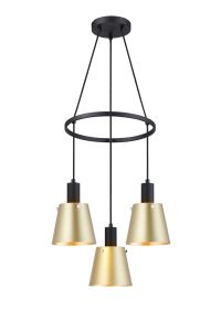 Tera 48cm Ring Pendant With 16cm x 14cm Shade, 3 Light E27, Sand Black/Brass/Gold Metal Shade