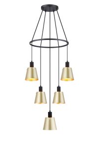Tera 61cm Ring Pendant With 16cm x 14cm Shade, 5 Light E27, Sand Black/Brass/Gold Metal Shade