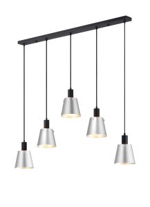 Tera Linear Pendant With 16cm x 14cm Shade, 5 Light E27, Sand Black/Light Grey/Silver Metal Shade