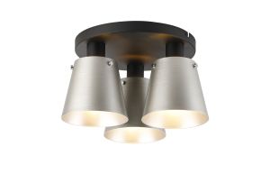 Tera 38cm Round Ceiling Light With 16cm x 14cm Shade, 3 Light E27, Sand Black/Light Grey/Silver Metal Shade