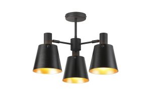 Tera 65cm Semi Ceiling Light Adjustable Arms With 16cm x 14cm Shade, 3 Light E27, Sand Black/Black/Gold Metal Shade