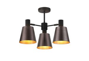 Tera 65cm Semi Ceiling Light Adjustable Arms With 16cm x 14cm Shade, 3 Light E27, Sand Black/Brown/Copper Metal Shade