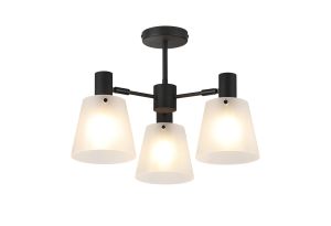 Tera 65cm Semi Ceiling Light Adjustable Arms With 16cm x 14cm Shade, 3 Light E27, Sand Black/Frosted White Glass Shade