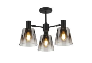 Tera 65cm Semi Ceiling Light Adjustable Arms With 16cm x 14cm Shade, 3 Light E27, Sand Black/Smoke Faded Glass Shade