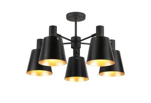 Tera 75cm Semi Ceiling Light Adjustable Arms With 16cm x 14cm Shade, 5 Light E27, Sand Black/Black/Gold Metal Shade