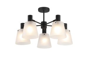 Tera 75cm Semi Ceiling Light Adjustable Arms With 16cm x 14cm Shade, 5 Light E27, Sand Black/Frosted White Glass Shade