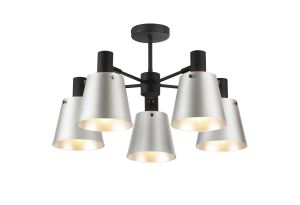 Tera 75cm Semi Ceiling Light Adjustable Arms With 16cm x 14cm Shade, 5 Light E27, Sand Black/Light Grey/Silver Metal Shade