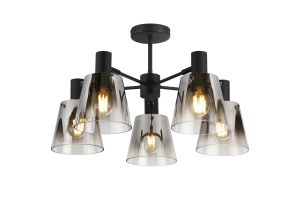 Tera 75cm Semi Ceiling Light Adjustable Arms With 16cm x 14cm Shade, 5 Light E27, Sand Black/Smoke Faded Glass Shade