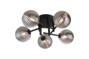 Gana 50cm Semi Flush Ceiling Round, 5 Light G9, IP44, Satin Black/Smoke Ribbed Round Glass