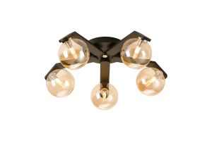 Bagno 54cm Flush Ceiling, 5 Light G9, IP44, Black/Polished Chrome/Amber Smooth Round Glass