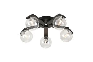 Bagno 54cm Flush Ceiling, 5 Light G9, IP44, Black/Polished Chrome/Clear Smooth Round Glass