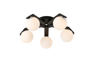 Bagno 54cm Flush Ceiling, 5 Light G9, IP44, Black/Polished Chrome/Opal Smooth Round Glass