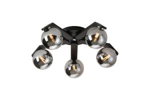 Bagno 54cm Flush Ceiling, 5 Light G9, IP44, Black/Polished Chrome/Smoke Smooth Round Glass