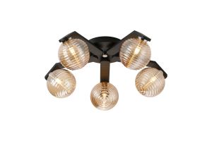 Bagno 54cm Flush Ceiling, 5 Light G9, IP44, Black/Polished Chrome/Amber Ribbed Round Glass