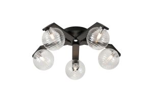 Bagno 54cm Flush Ceiling, 5 Light G9, IP44, Black/Polished Chrome/Clear Ribbed Round Glass