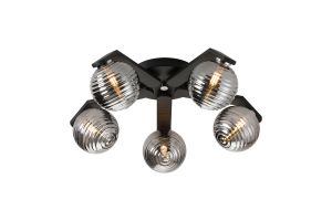 Bagno 54cm Flush Ceiling, 5 Light G9, IP44, Black/Polished Chrome/Smoke Ribbed Round Glass