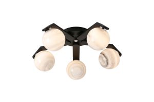 Bagno 54cm Flush Ceiling, 5 Light G9, IP44, Black/Polished Chrome/Grey Round Marble Effect Glass