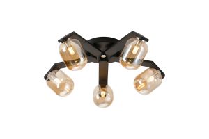 Bagno 54cm Flush Ceiling, 5 Light G9, IP44, Black/Polished Chrome/Amber Smooth Tubular Glass