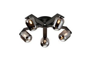 Bagno 54cm Flush Ceiling, 5 Light G9, IP44, Black/Polished Chrome/Smoke Smooth Tubular Glass