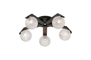 Bagno 54cm Flush Ceiling, 5 Light G9, IP44, Black/Polished Chrome/Clear Cross Pattern Round Glass