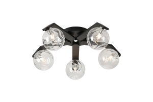 Bagno 54cm Flush Ceiling, 5 Light G9, IP44, Black/Polished Chrome/Clear Waved Round Glass