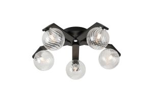 Bagno 54cm Flush Ceiling, 5 Light G9, IP44, Black/Polished Chrome/Clear Swirl Round Glass