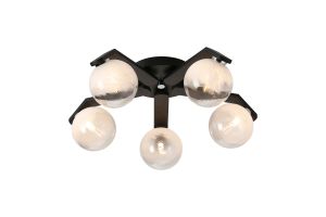 Bagno 54cm Flush Ceiling, 5 Light G9, IP44, Black/Polished Chrome/White Two-Tone Snow Specks Round Glass