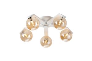 Bagno 54cm Flush Ceiling, 5 Light G9, IP44, White/Polished Chrome/Amber Smooth Round Glass