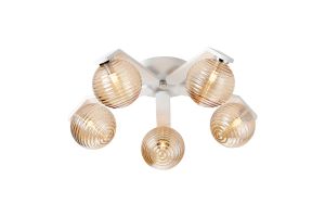 Bagno 54cm Flush Ceiling, 5 Light G9, IP44, White/Polished Chrome/Amber Ribbed Round Glass