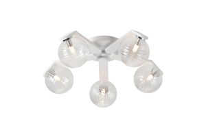 Bagno 54cm Flush Ceiling, 5 Light G9, IP44, White/Polished Chrome/Clear Ribbed Round Glass