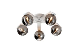 Bagno 54cm Flush Ceiling, 5 Light G9, IP44, White/Polished Chrome/Smoke Ribbed Round Glass
