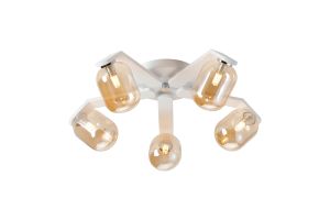 Bagno 54cm Flush Ceiling, 5 Light G9, IP44, White/Polished Chrome/Amber Smooth Tubular Glass