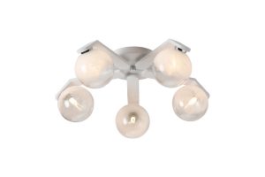 Bagno 54cm Flush Ceiling, 5 Light G9, IP44, White/Polished Chrome/White Two-Tone Snow Specks Round Glass