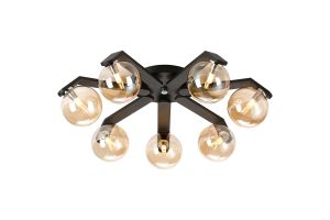 Bagno 64cm Flush Ceiling, 7 Light G9, IP44, Black/Polished Chrome/Amber Smooth Round Glass