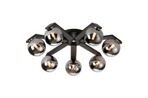 Bagno 64cm Flush Ceiling, 7 Light G9, IP44, Black/Polished Chrome/Smoke Smooth Round Glass