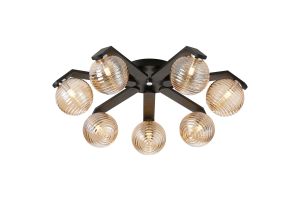 Bagno 64cm Flush Ceiling, 7 Light G9, IP44, Black/Polished Chrome/Amber Ribbed Round Glass