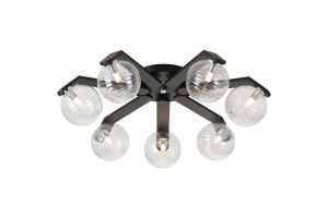 Bagno 64cm Flush Ceiling, 7 Light G9, IP44, Black/Polished Chrome/Clear Ribbed Round Glass