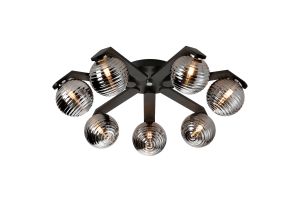 Bagno 64cm Flush Ceiling, 7 Light G9, IP44, Black/Polished Chrome/Smoke Ribbed Round Glass