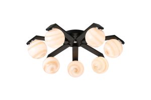 Bagno 64cm Flush Ceiling, 7 Light G9, IP44, Black/Polished Chrome/Brown Round Marble Effect Glass