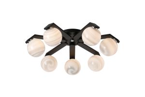 Bagno 64cm Flush Ceiling, 7 Light G9, IP44, Black/Polished Chrome/Grey Round Marble Effect Glass