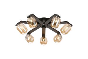 Bagno 64cm Flush Ceiling, 7 Light G9, IP44, Black/Polished Chrome/Amber Smooth Tubular Glass