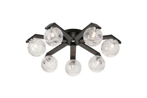Bagno 64cm Flush Ceiling, 7 Light G9, IP44, Black/Polished Chrome/Clear Dune Effect Round Glass