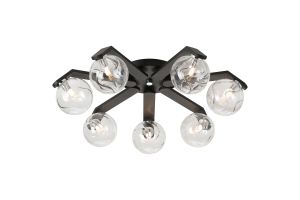Bagno 64cm Flush Ceiling, 7 Light G9, IP44, Black/Polished Chrome/Clear Waved Round Glass
