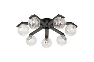 Bagno 64cm Flush Ceiling, 7 Light G9, IP44, Black/Polished Chrome/Clear Swirl Round Glass